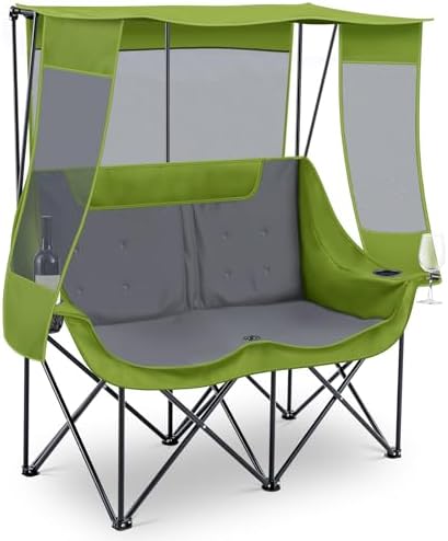 Teenyyou Double Camping Chair with Canopy 660lbs Heavy Duty, Geen and Grey