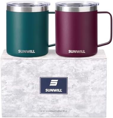 SUNWILL Travel Coffee Mug Set of 2, 14 oz Insulated Stainless Steel