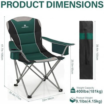 2 Pack Camping Chairs for Adults - Oversized Folding Lawn Chair with Angled Backrest,Heavy Duty 400lbs,Padded Camp Chairs with Cup Holder Side Pocket Cooler Bag for Outdoor,Sports,Beach,Fishing,Green