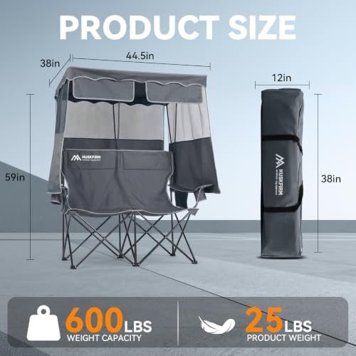 Double Camping Chair with Canopy,2 Person Folding Chair with Canopy, Grey