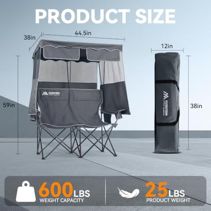 Double Camping Chair with Canopy,2 Person Folding Chair with Canopy, Grey