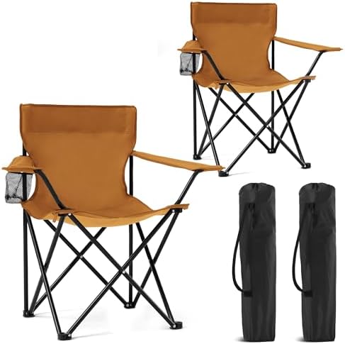 2 Pack Portable Camping Chairs Folding Lawn Chair Outdoor Lightweight Beach Chair with Cup Holder & Carry Bag for Outside Sports, Fishing, Hiking, Travel, Picnic, Backyard (Orange, Medium)