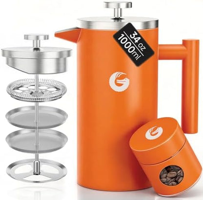 Coffee Gator French Press Coffee Maker 34 oz, Non-Toxic, Orange