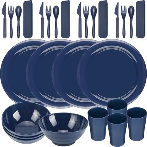 Tioncy 29 Pcs Dinnerware Set for Camping 4 People Camping Bowls Plates Cups Utensils Set Plastic Reusable Unbreakable Dish Sets with Drawstring Bag for Travel Picnic Outdoor Dishwasher Safe