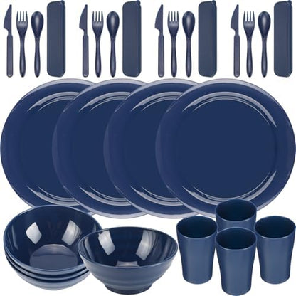 Tioncy 29 Pcs Dinnerware Set for Camping 4 People Camping Bowls Plates Cups Utensils Set Plastic Reusable Unbreakable Dish Sets with Drawstring Bag for Travel Picnic Outdoor Dishwasher Safe