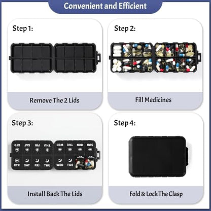 Foldable Portable 7 Day Pill Organizer 2 Times a Day, AM PM Weekly Pill Box