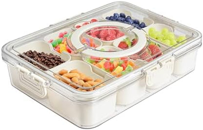 Divided Veggie Tray with Lid and Handle 8 Compartment Serving Tray with Dividers Portable Travel Snack Containers Stackable Snackle Box Charcuterie Container for Fruit,Vegetable,Salad