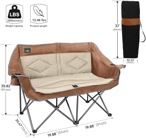 Northroad Folding Loveseat Camping Chair Portable Double Duo Full Padded Garden Sofa Chair for 2 Person w/ 2 Cup Holder,Wine Glass Holder,Support 600lbs for Outdoor Travel (Moca)