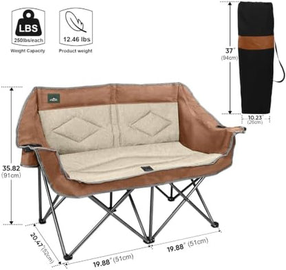 Northroad Folding Loveseat Camping Chair Portable Double Duo Full Padded Garden Sofa Chair for 2 Person w/ 2 Cup Holder,Wine Glass Holder,Support 600lbs for Outdoor Travel (Moca)