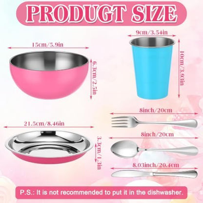 Jinei 24 Pcs Stainless Steel Camping Dinnerware Set for 4,Pink and Blue