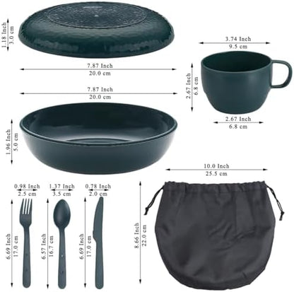Berglander Camping Mess Kit with Bowl, Plate, Cup, Spoon, Fork, Knife and Carry Bag, Plastic Camping Accessories Essentials Gear for Travel, Camping, Picnic, Outdoor, Easy to Carry & Store