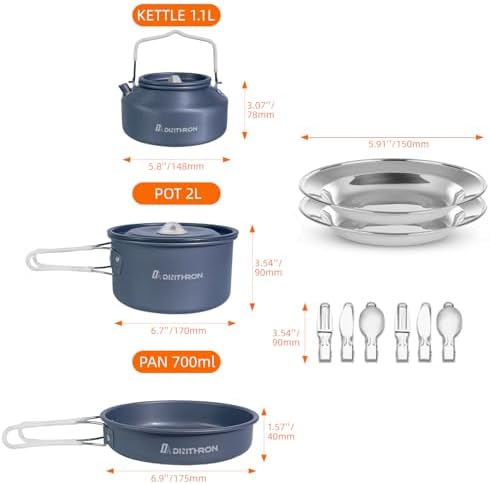 13-Piece Camping Cookware Set for 2, 2 L Pot & 1.1 L Kettle