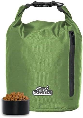 Callieco Dog Food Travel Bag w/ 1 Cup Scoop and Zipper Side Pocket | Waterproof Kibble Storage Container for Home, Road Trips, Camping, Boarding and More (Green, 64 Cups)