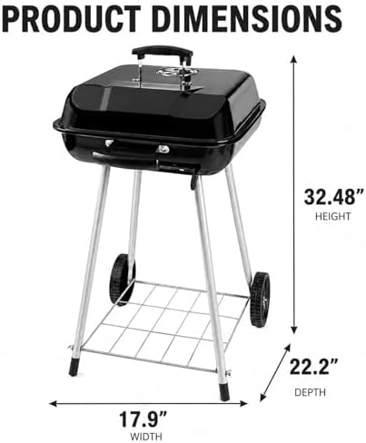 17.5 Inch Square Charcoal Grill with Wheels, Portable Outdoor BBQ Kettle