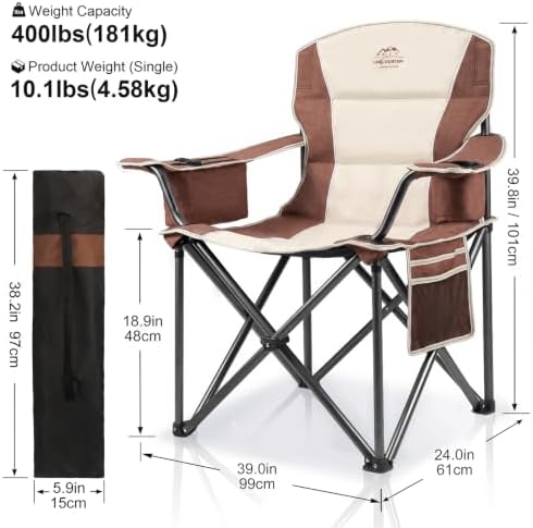 2 Pack Padded Oversized Camping Chairs for Adults,Heavy Duty Support 400 Lbs,Folding Portable Lawn Chair w/Cup Holder,Cooler Bag,Side Pocket,Perfect for Outdoor Picnic,Hiking(Moca)