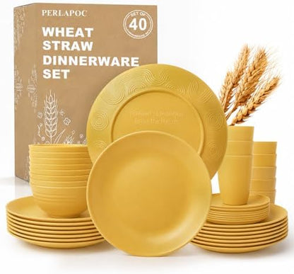 40 Piece Wheat Straw Dinnerware Sets for 8, Unbreakable Dish Set, Plates and Bowls Sets for 8, Lightweight Kitchen Dishware Set for Camping, Picnic, and Famliy Everyday Use - Yellow