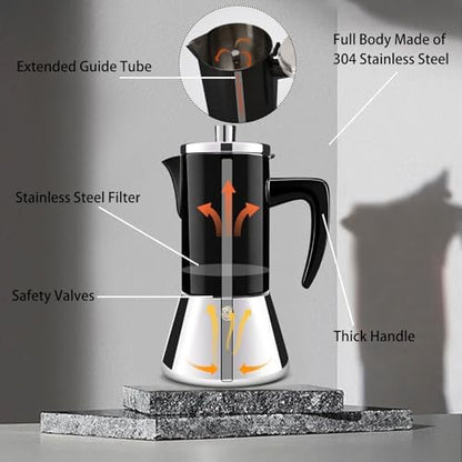 12 Cup Thickened 304 Stainless Steel Moka Pot Stovetop Espresso Maker Cafeteras Italian Percolator Espress Makers Capable Greca Mocha Coffee Machine for Induction Home and Camping 600ml 20oz