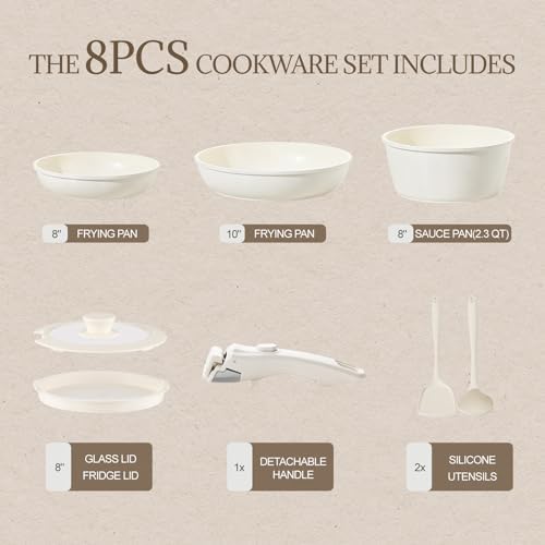Ceramic Cookware Set Non Stick 8Pcs Pots and Pans Set Detachable Handle Induction Kitchen Cooking Set with Frying Pans Oven Dishwasher Safe, PFAS/PFOA Free, Cream White