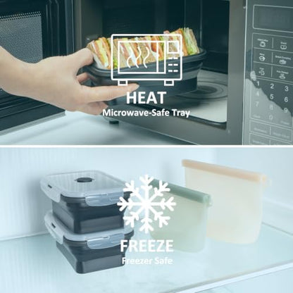 Collapsible Silicone Food Storage Containers Set with Lid & Air Vent,Foldable Lunch Containers(4PCS,Black,27oz)