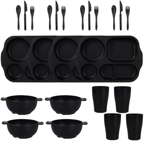 24 Pcs Wheat Straw Dinnerware Cutlery Sets,Unbreakable Divided Plates Bowls Cups Spoon Knife Fork for 4 People,Microwave Dishwasher Safe Tableware Cutlery for Party and Daily Use,Black