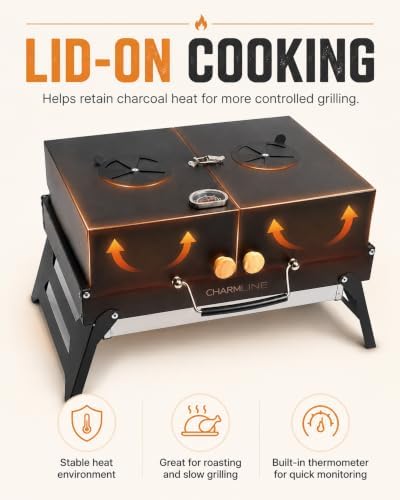 Charmline Portable Tabletop Charcoal Grill with Lid, Thermometer & Handle