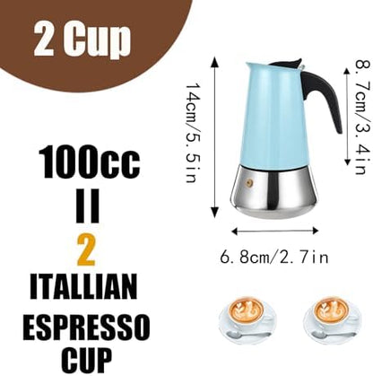 2 Cup Stovetop Espresso Maker Stainless Steel Moka Pot Stove Top Percolator Italian Coffee Makers Capable Mocha Greca Machine Cafe Classic Induction Cookers for Home and Camping 100ml 3.3oz