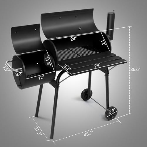 43.7" Portable Barrel Charcoal Grill,Metal Outdoor Barbecue Smoker,Heavy Duty Outdoor BBQ Grill,Vertical Camping Barbecue Grill,with Side Table & Wheels,for Garden Patio Beach Backyard (Black)
