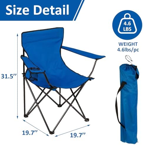 Folding Camping Chair with Cup Holder, 225lbs Capacity, Portable Foldable Chair with Large Anti-Sink Feet, PE Coated Fabric for Outdoor, Beach, Fishing, Backpacking, Blue 2PCS
