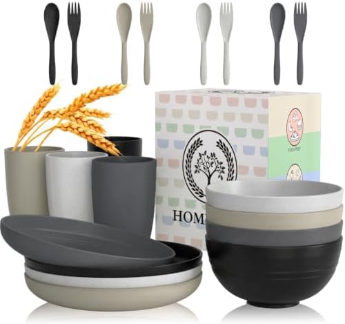 Homienly Wheat Straw Dinnerware Sets 20 PCS Unbreakable Plates and Bowls Set Microwave & Dishwasher Safe Dishes Set for 4 Kitchen Plate Set Party, Camping, RV, Picnic, Apartment-Black Grey