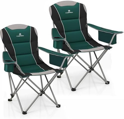 2 Pack Camping Chairs for Adults - Oversized Folding Lawn Chair with Angled Backrest,Heavy Duty 400lbs,Padded Camp Chairs with Cup Holder Side Pocket Cooler Bag for Outdoor,Sports,Beach,Fishing,Green