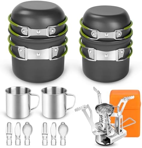 Odoland 16pcs Camping Cookware Mess Kit, Lightweight Pot Pan Mini Stove with 2 Cups, Fork Spoon Kits for Backpacking, Outdoor Camping Hiking and Picnic