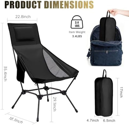 2 Pack High Back Camping Chair, 2-in-1 Height Adjustable, Heavy Duty
