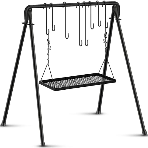Rossesay Grill Swing Campfire Stand Campfire Cooking Equipment Adjustable Camping Accessories Cookware Hanging Rack with 8 Hooks and Portable Grill Stand for BBQ Picnic Outdoor Party