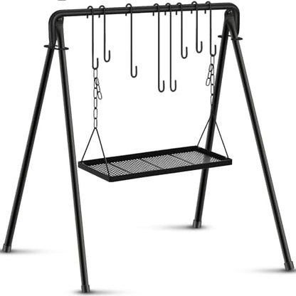 Rossesay Grill Swing Campfire Stand Campfire Cooking Equipment Adjustable Camping Accessories Cookware Hanging Rack with 8 Hooks and Portable Grill Stand for BBQ Picnic Outdoor Party