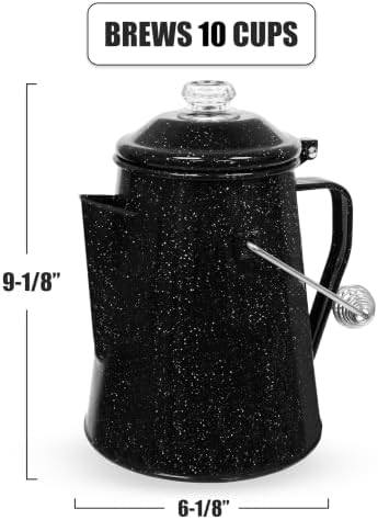 WILD Deluxe Camping Percolator Coffee Pot - Glazed Enamel Finish - Stainless Steel Internal Components - Hanging Handle - Clearview Glass Top - 10 Cups