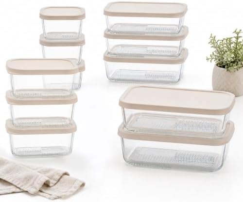 Glass Food Storage Containers with Lids - 22 Piece - 10.5 oz, 17.6 oz, 25.4 oz & 57.5 oz Sets Glass with BPA-Free Leak Resistant Stackable Lids - Microwave, Oven & Dishwasher Safe - Vanilla Mist