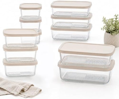 Glass Food Storage Containers with Lids - 22 Piece - 10.5 oz, 17.6 oz, 25.4 oz & 57.5 oz Sets Glass with BPA-Free Leak Resistant Stackable Lids - Microwave, Oven & Dishwasher Safe - Vanilla Mist