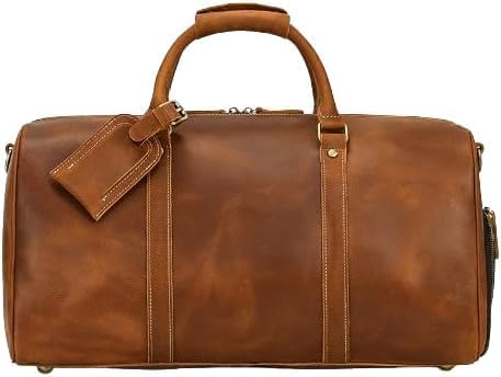 Mullis Mercantile Leather Weekender Travel Bag, a timeless classic. This vintage leather duffle bag is perfect for airline carry on, full-grain leather, a retro design, gym, and a YKK zipper in brown.