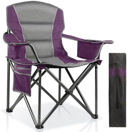 Oversized Padded Camping Chairs for Adults,Heavy Duty Support 400 Lbs,Folding Portable Lawn Chair w/Cup Holder,Cooler Bag,Side Pocket,Perfect for Outdoor Picnic,Hiking(Purple)
