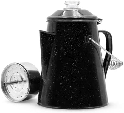 WILD Deluxe Camping Percolator Coffee Pot - Glazed Enamel Finish - Stainless Steel Internal Components - Hanging Handle - Clearview Glass Top - 10 Cups