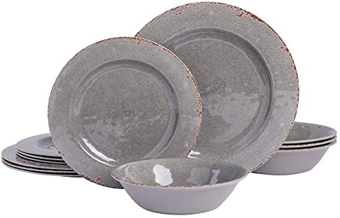 Gibson Home Mauna Melamine Plastic Dinnerware Set, Service for 4 (12pcs), Grey Rustic