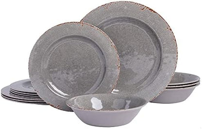 Gibson Home Mauna Melamine Plastic Dinnerware Set, Service for 4 (12pcs), Grey Rustic
