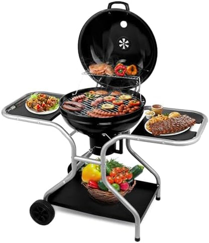 50.8" Portable Round Kettle Charcoal Grill,Metal Outdoor Barbecue Smoker,Heavy Duty Outdoor BBQ Grill,Vertical Camping Barbecue Grill,with Side Tables,for Garden Patio Beach Backyard (Black)