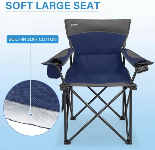 Oversized Camping Chair for Adults - 2 Pack Padded Lawn Chairs with Cup Holder & Side Pocket,Heavy Duty Folding Outdoor Chairs for Camp,Sports,Picnic,Beach,Dark Blue