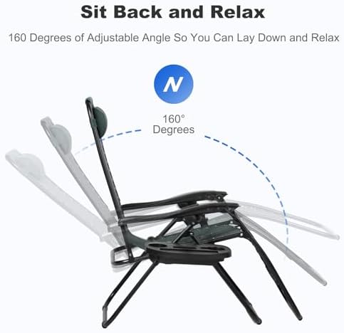 Nazhura Set of 2 Relaxing Recliners Patio Chairs Adjustable Steel Mesh Zero Gravity Lounge Chair Beach Chairs with Pillow and Cup Holder (Dark Green)