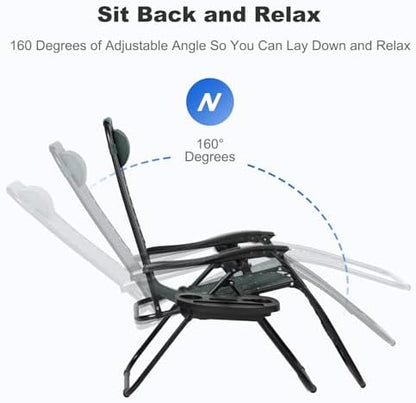 Nazhura Set of 2 Relaxing Recliners Patio Chairs Adjustable Steel Mesh Zero Gravity Lounge Chair Beach Chairs with Pillow and Cup Holder (Dark Green)