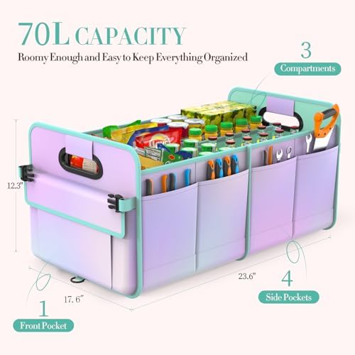 titiyiof Trunk Organizer For Suv&Sedan,Car Organizers&Storage, Waterproof Collapsible & Adjustable Straps,70L Sturdy Car Organization for Car Accessories,Tools,Sundries,2-3Compartment(Colorful Green)