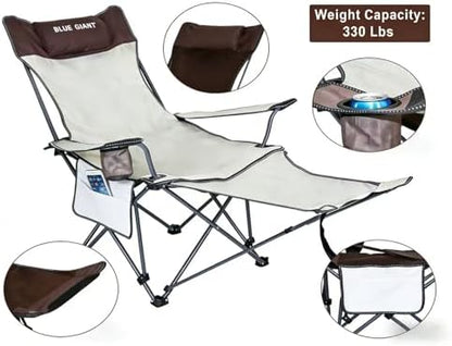 2 Pack Adjustable Folding Camping Chairs with Detachable Footrest and Headrest, Lightweight and Portable, Ideal for Hiking, Travel, Fishing and Outdoor Activities (Beige)