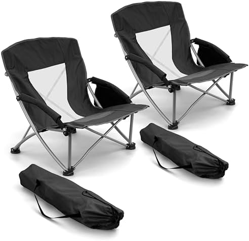 HaSteeL Low Beach Chairs for Adults, Lightweight Camping Folding Chair with Carrying Bag, Portable for Outdoors Lawn Backyard Patio RV Trip Fishing Sport Tailgating, Support 300LBS, Black, 2 Pack
