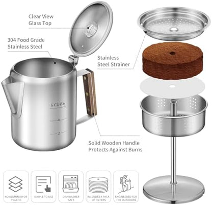 Coffee Percolator with 100pcs Coffee Filters - 6 Cups | Durable Stainless Steel Material Camping Coffee Pot| Brew Coffee On Fire, Grill or Stovetop | Ideal for Home, Camping